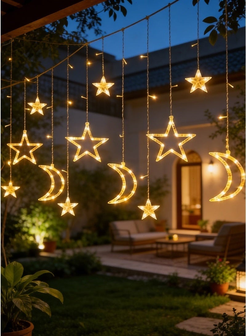Ramadan Lights, Star Moon Ramadan Decorations with Remote & Dual Power (Battery/USB), Warm White Curtain Lights for Home Holiday Party Decor - Image 1